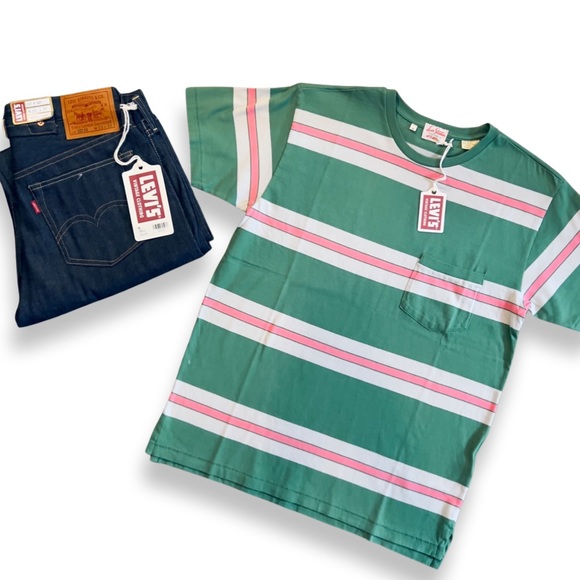 Levi’s Vintage Clothing 1940’s Split Hem Striped T-Shirt Pink/Green - Picture 13 of 16